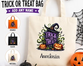 Personalised Trick Or Treat Tote Bag | Custom Halloween Sweet Bag | Reusable Cotton Pumpkin Tote | Gift for Kids