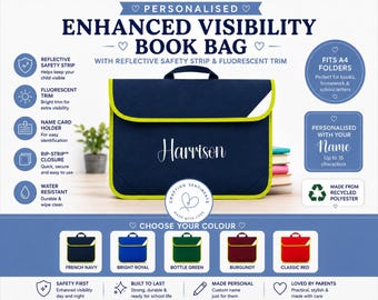 Personalised Enhanced Visibility Book Bag | Custom Name | Reflective School Book Bag | Primary School Folder | Back to School