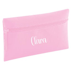 Personalised classic pink pencil case with zip closure, customised with a child's name in white vinyl. Durable 600D polyester school pencil case for pens, pencils and stationery, ideal for school, nursery and back to school essentials.