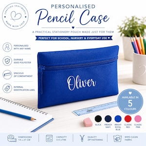 Hero image of a personalised pencil case in bright royal blue with a custom name, durable zip fastening, 600D polyester fabric, internal identification label and available in five colours including black, French navy, bright royal blue, classic red and classic pink. Ideal for school, nursery and everyday stationery storage.