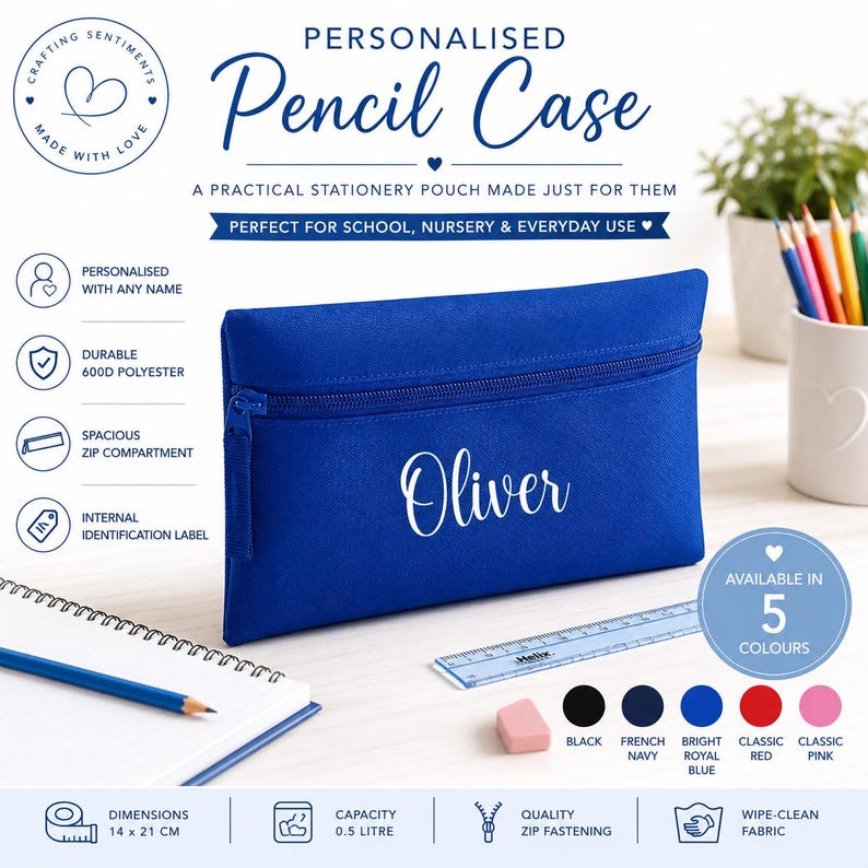 Hero image of a personalised pencil case in bright royal blue with a custom name, durable zip fastening, 600D polyester fabric, internal identification label and available in five colours including black, French navy, bright royal blue, classic red and classic pink. Ideal for school, nursery and everyday stationery storage.