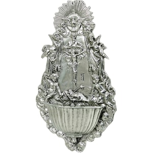 Holy water stoup with crucifix and angels, pewter handmade in Italy by Maestro Cavagnini. Christmas gift.