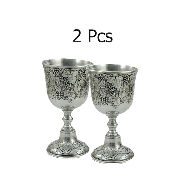 Set 2 Vintage grape wine Goblet metal pewter chiseled glass handmade in Italy Cavagnini