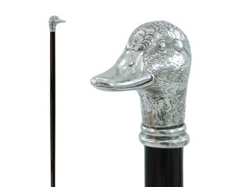 Pewter walking stick, gift for ceremony, duck handle, customizable with engraving, handmade in Italy