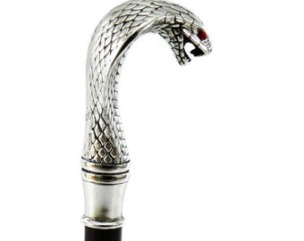 walking stick walking cane cobra with red eyes in wood and pewter made in italy walking canes for women and men