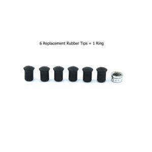 May include: Six small black cylindrical rubber tips arranged in a horizontal row next to a single silver-colored metal ring with a perforated edge. The text 6 Replacement Rubber Tips + 1 Ring is positioned above the items.