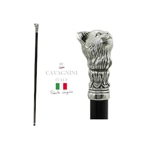 Elegant pewter walking stick, gift for ceremony, cat handle, customizable with engraving, handmade in Italy