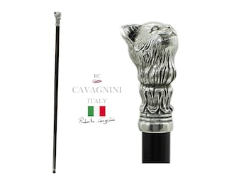 Elegant pewter walking stick, gift for ceremony, cat handle, customizable with engraving, handmade in Italy
