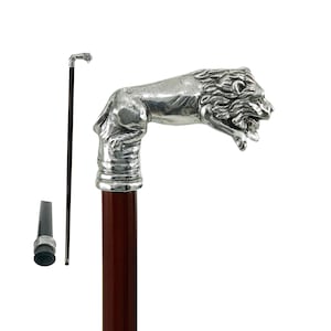 Handcrafted pewter walking stick, for men and women, customizable with engraving, lion handle, gift for grandparents