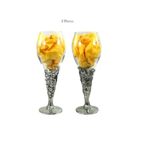 Set of 2 Pewter and Glass Goblet Glasses - Elegant Water Flutes, Handmade in Italy by Cavagnini