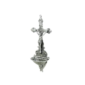 with crucifix and holy water font angels, pewter