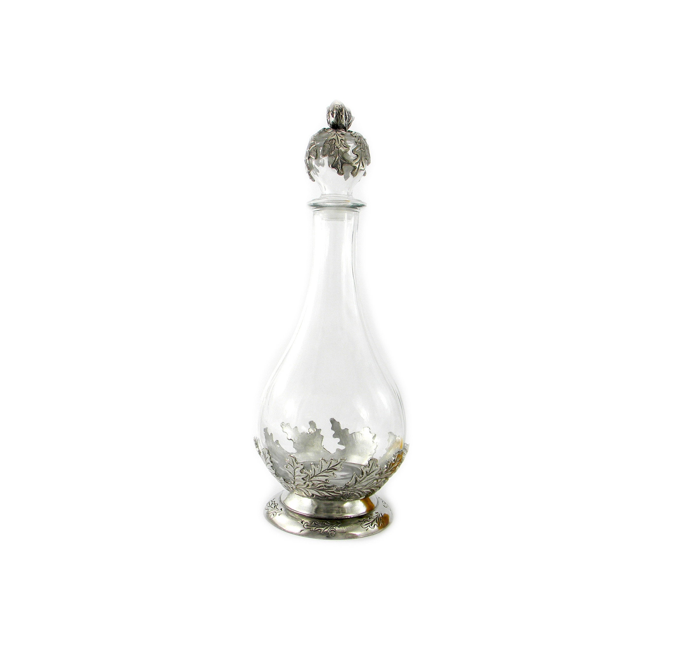 Pewter and glass Acorn bottle. Elegant carafe of great importance. Bottle for wine and water Made in Italy CAVAGNINI