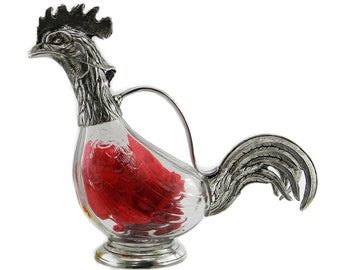 Beautiful Pewter and glass rooster decanter bottle for wine, height 25 cm / 9 &quot;53/64 Inch, capacity 75 cl / 26.4 oz