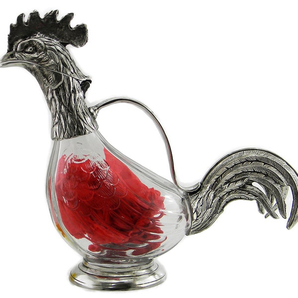 Belle carafe en étain et verre coq pour vin, hauteur 25 cm, capacité 75 cl