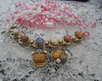 Vintage Chunky Goldtone Pearl and Multi Color Cabochon Bracelet and Pierced Earrings Set