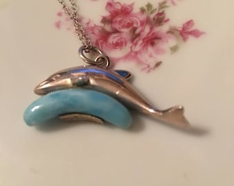 Vintage Sterling Silver Dolphin Necklace, Natural Larimar Stone, 18 Inch Chain, Ocean Jewelry