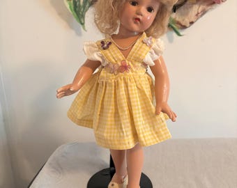 Vintage Effanbee Anne Shirley Composition Doll, 18", Real Human Hair, Gingham Dress, Pearls, Purse