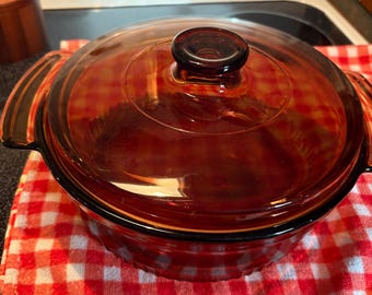 Vintage Anchor Hocking Amber Glass Casserole Dish with Lid, Fire-King Harvest Amber Baking Pan