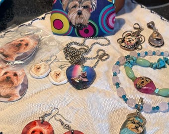 Hand-Painted Yorkie Gemstone Jewelry Set – Artisan Yorkshire Terrier Bundle