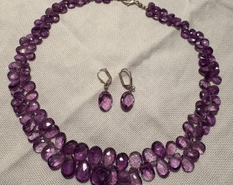 Vintage Amethyst Pear Cluster Necklace and Earring, Faceted Briolette Set