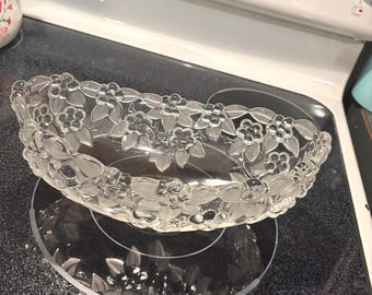 Mikasa Carmen Crystal Bowl, 11" Oval Walther Glass Centerpiece Dish, Frosted Floral Satin Glass