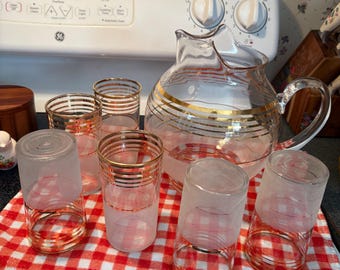 Anchor Hocking Pitcher and Glasses Set • Mid Century Frosted Gold Trim Drinkware