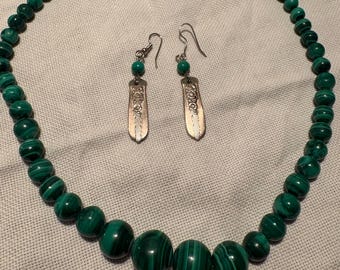 Genuine Malachite Graduated Bead Necklace & Sterling Spoon Earring Set, 19” Statement Collar Jewelry