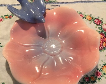 Vintage Royal Copley Blue Bird Pink Floral Trinket Dish or Bowl Signed