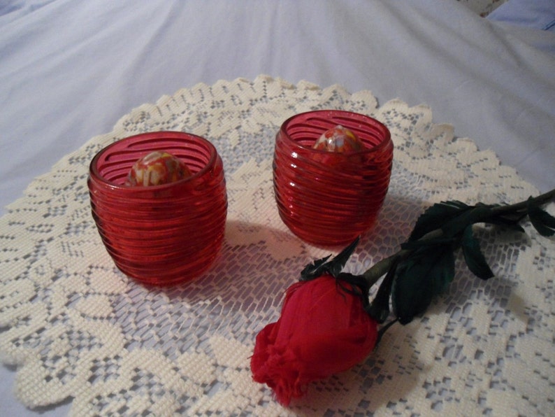 Vintage Ruby Red Crystal Glass Candle Holders Colorful Egg Etsy