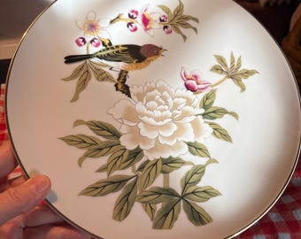 Vintage Original Shafford Chinese Garden Pedestal Cake Stand, Porcelain Sparrow Bird  Peony Platter