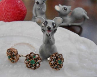 Vintage Turkish Set , Sterling Silver Emerald Ring and Earring Set