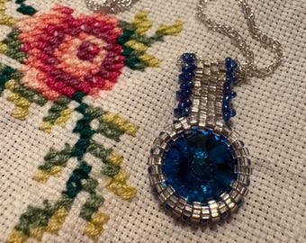 Handcrafted Sapphire Blue Rivoli Crystal Pendant Necklace, Sterling Silver Chain, Bead Woven Statement Jewelry