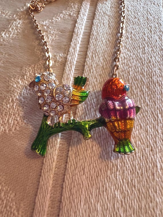 Vintage Enamel Lovebirds Branch Necklace, Rhinestone Pave Bird Pendant