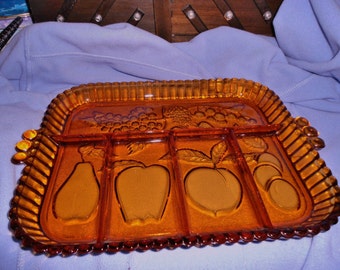 Vintage Tiara Amber Indiana Glass 5 Part Divided Serving Tray With Fruit Pattern