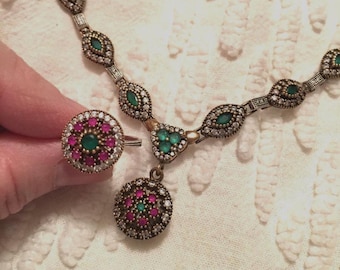 Turkish Sterling Set,  Crystal Necklace and Ring, Red, White and Green Crystals