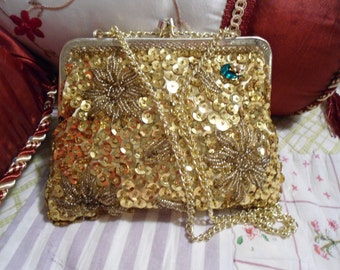 Vintage Gold Beaded Sequin Purse, Frog Lily Pad Detail, Lemon Yellow Lining