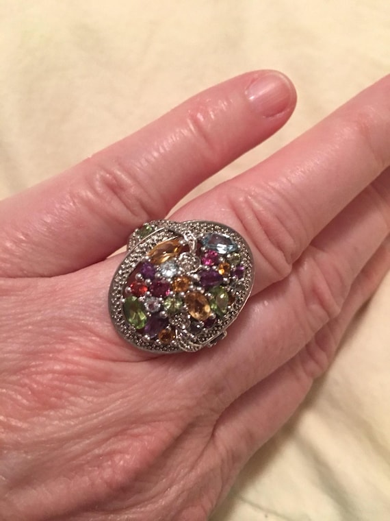 Vintage Sterling Silver Rainbow Gemstone Filigree Statement Ring