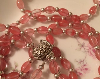 Vintage Cherry Quartz Set, Double Strand Necklace and Bracelet, Oval Beads, Silver Clasp