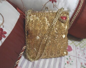 Vintage Antique Gold Purse, Handbag Tubular Beads & Sequin, Red Heart, Clean Buttery Lining.