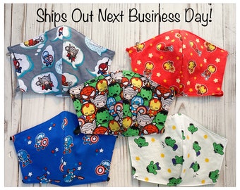 Marvel Avengers Superhero Face Mask, Adulto y Niños, Reversible 2 capas 100% Algodón. ¡Listo para enviar!