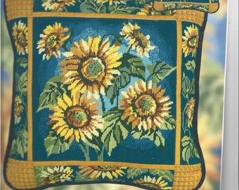 Vintage Candamar SUNFLOWER on BLUE Needlepoint Pillow kit, Sealed, 1993