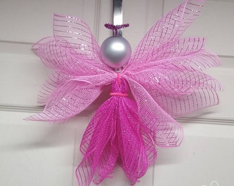 Pink Mesh Angel, Angel Door Hanger, Christmas Angel, Angel Wreath, Angel Decor, White Angel, Christmas Decor, Winter Decor, Tree Topper,