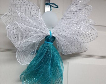 Teal Mesh Angel, Angel Door Hanger, Christmas Angel, Angel Wreath, Angel Decor, Teal Angel, Christmas Decor, Winter Decor, Tree Topper,