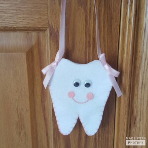 May include: A white felt tooth with pink felt accents and googly eyes. The tooth is hanging from a pink ribbon.