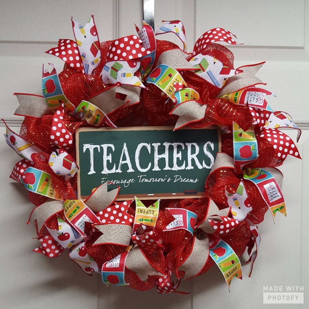 Teacher Wreath, Red School Teacher Mesh Wreath, School Wreath, School ...