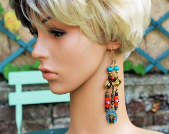 Boucles d'oreilles ethniques, perles antiques, pampilles verre soufflé, tête indien émaillé, NATIVE