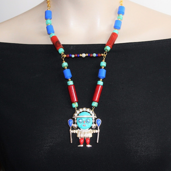 Collier tribal, collier maya, aztèque, turquoise rouge bleu, collier amérindien, LITTLE IDOL !