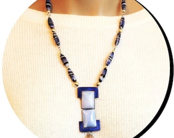 Art-deco long necklace, rhapsody in blue, 1930 enamelled buckle, glass beads, BLUE JEAN!