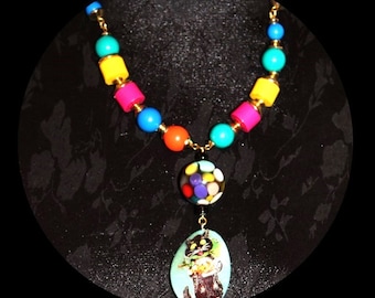 Collier sautoir lumineux, perles colorées, chat rigolo, chat chromo, découpi, perle ballon, CHAT FLASHY