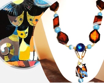 Collier sautoir série chat, chat stylisé, chat moderniste, chat porcelaine, perles flamme, perles bleues, Picasso, CHAT FLAMME !